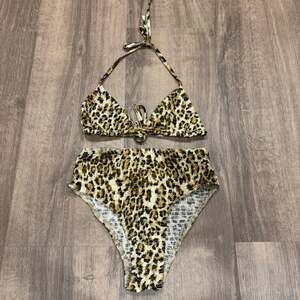 Reverse Leopard Print High Waisted Smocked Triangle Bikini Swim Suit Size Small